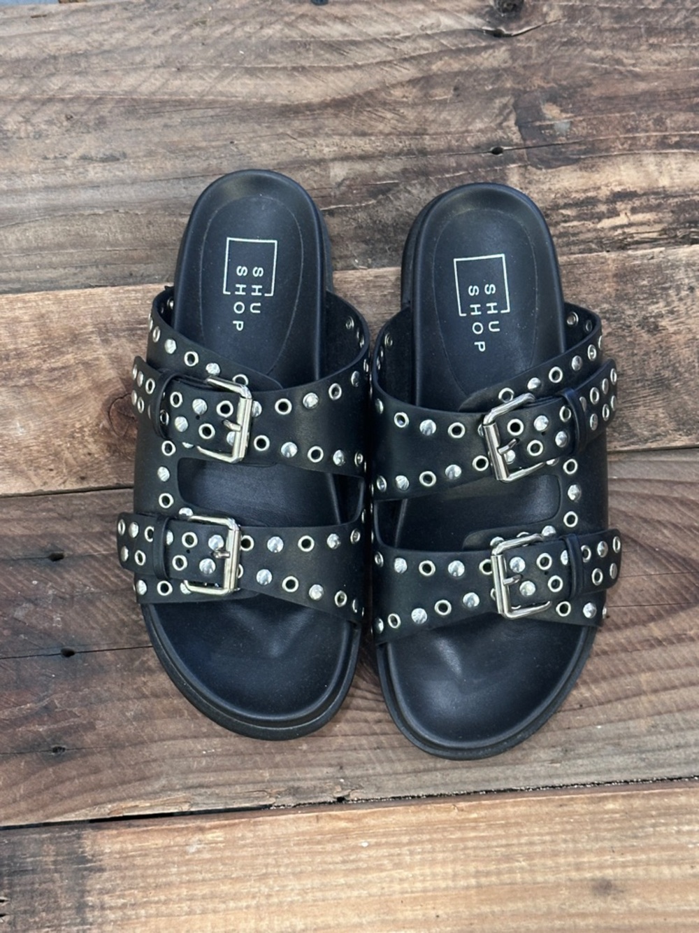 ShuShop Black Double Buckle Studded Slide Sandals